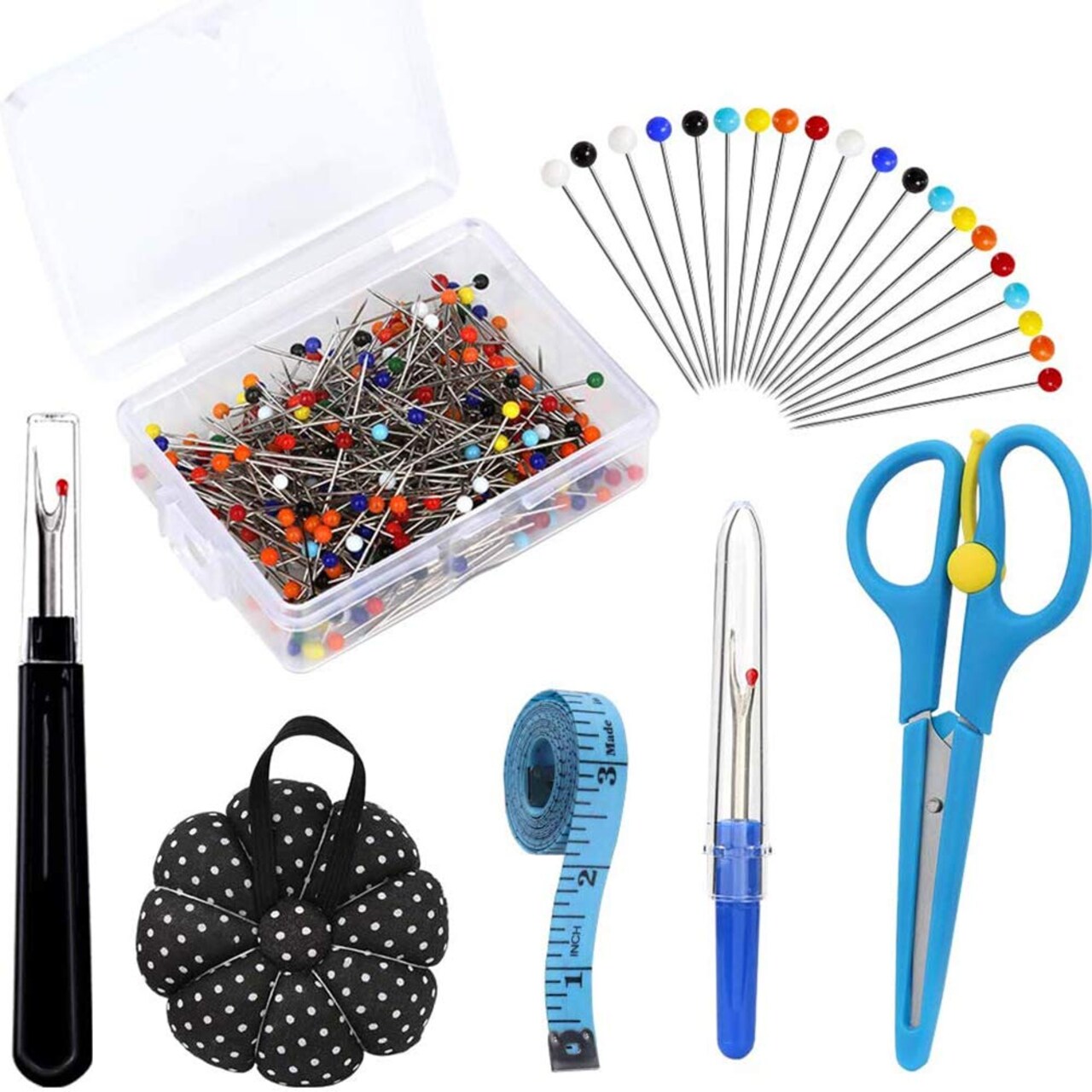 300 Pieces Multicolor Sewing Pins - 32mm Straight Quilting Pins Including Sewing Seam Ripper Scissors Pin Cushion and Soft Tape Measure for Dressmaking Jewelry Decoration